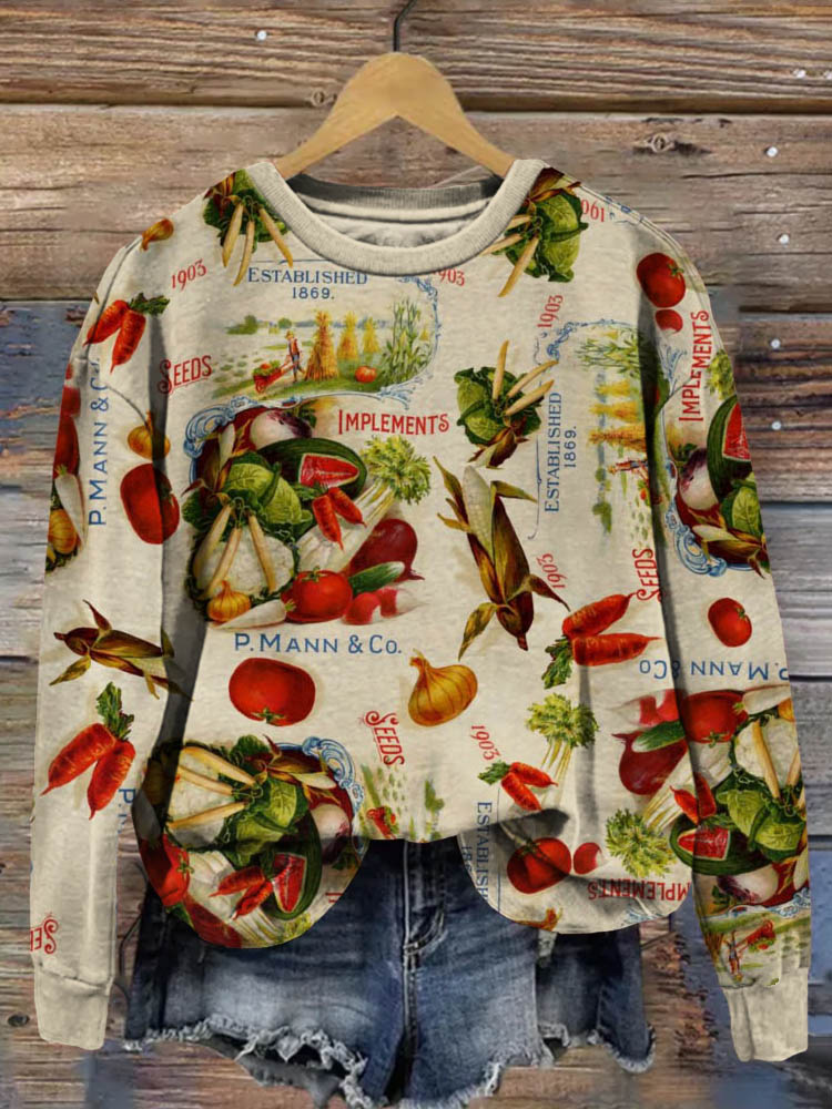 Vintage Fruits and Vegetables Graphic Comfy Sweatshirt