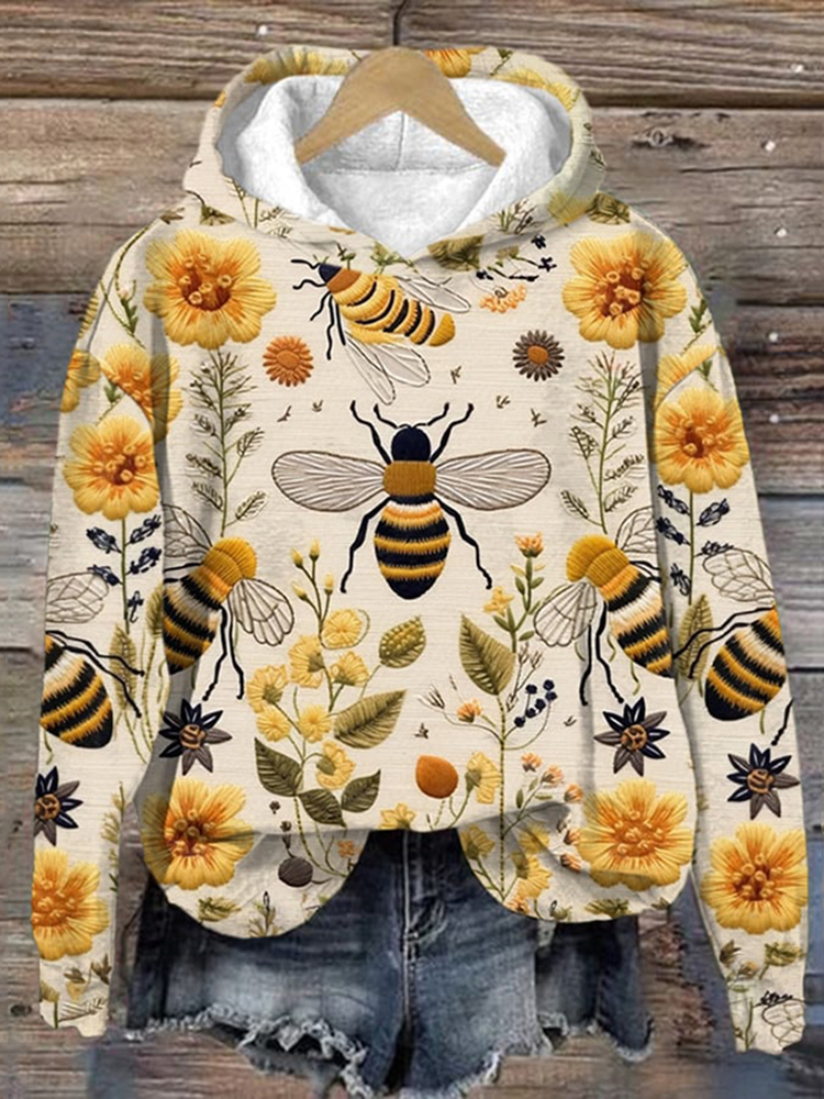 Bee And Flower Embroidered Art Print Long Sleeved Sweatshirt