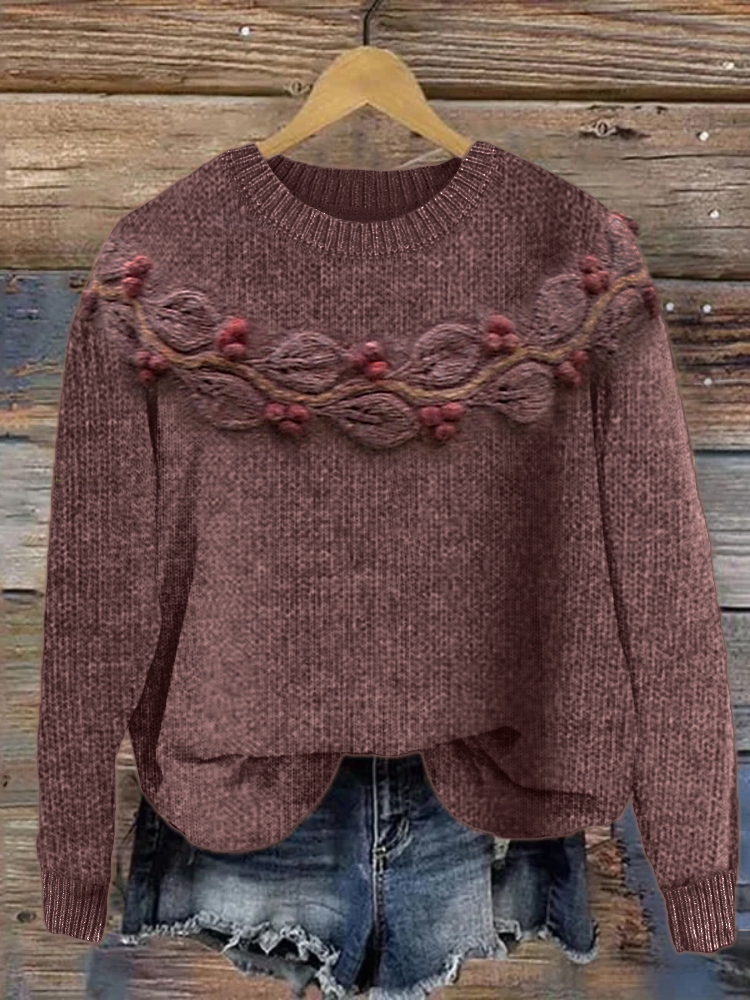 Berry Vine Crochet Cozy Knit Yoke Sweater