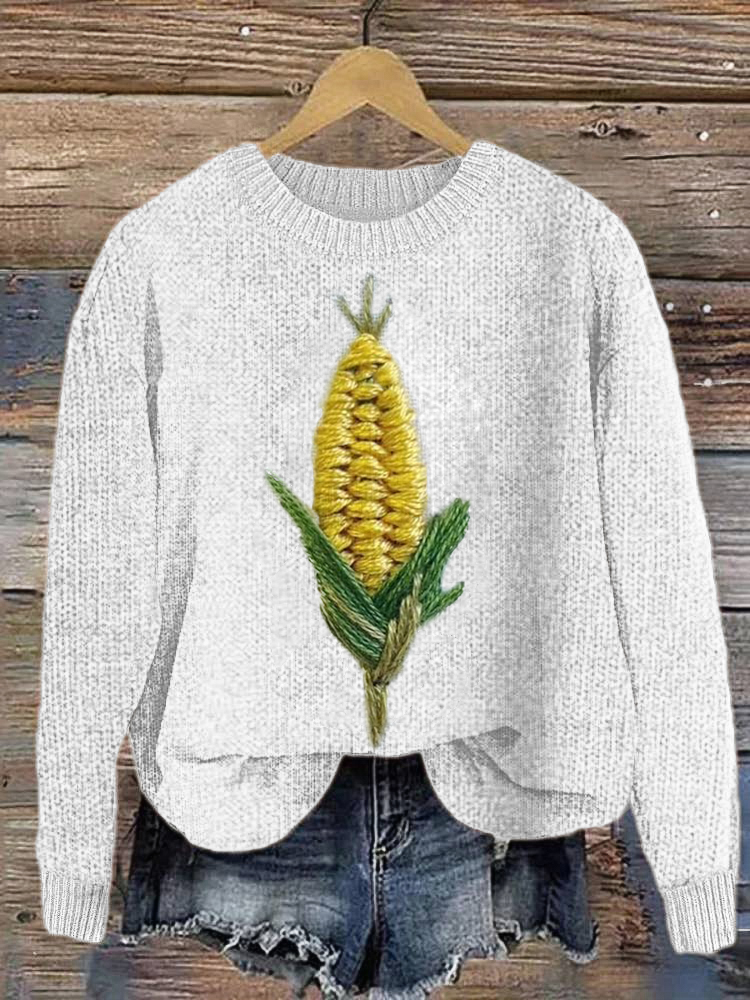 Corn Embroidery Art Casual Cozy Knit Sweater