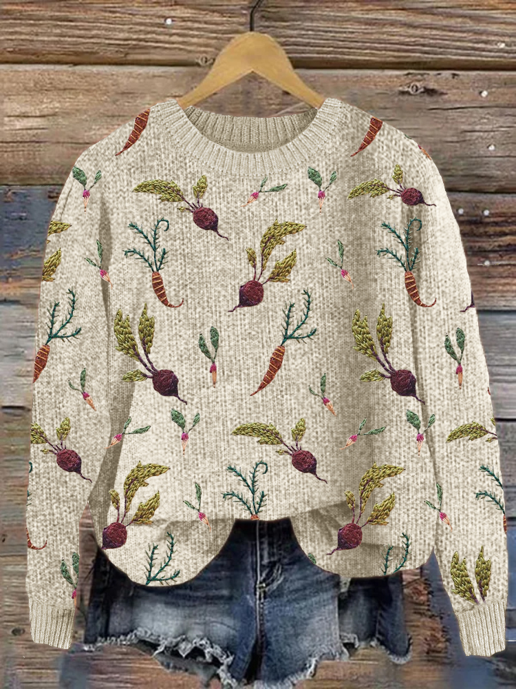 Radish & Carrot Embroidery Pattern Cozy Knit Sweater