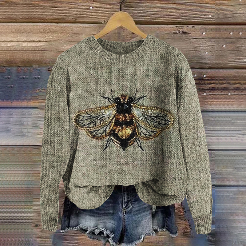 Bee Print Knitted Pullover Sweater