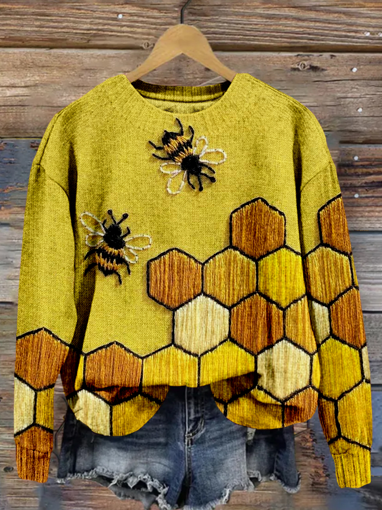 Hives and Bees Embroidery Art Cozy Knit Sweater