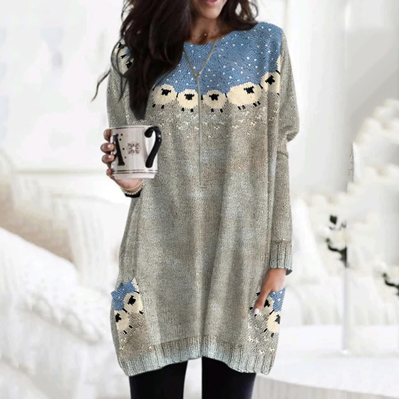 Retro Sheep Color Block With Pockets Pattern Long Sleeve Loose T-Shirt
