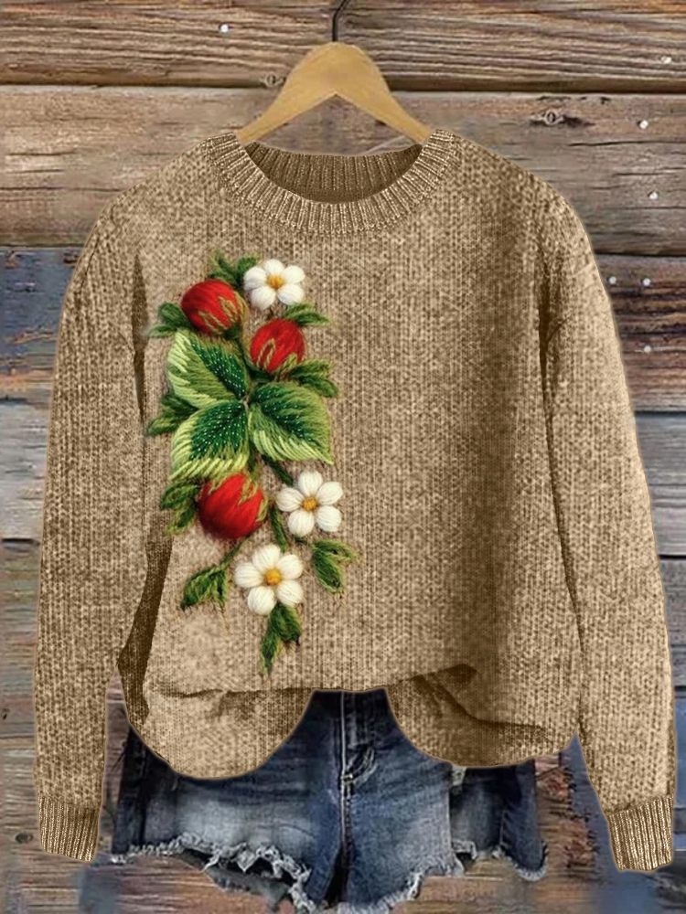 Strawberry Floral Crochet Cozy Knit Sweater