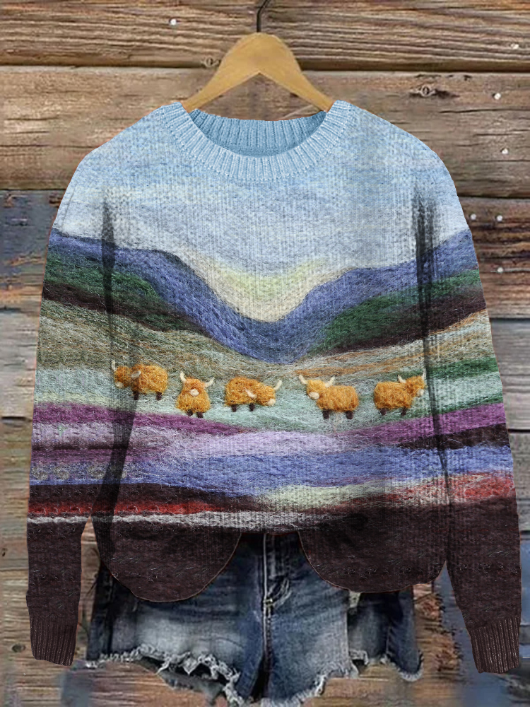 Highland Cows Mountains Landscape Felt Art Cozy Sweater