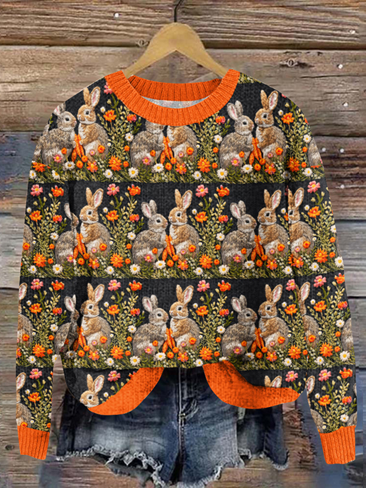 Vintage Rabbit Print Knitted Pullover Sweater