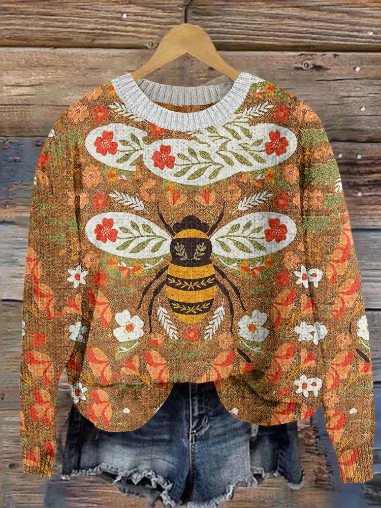 Floral Bees Pattern Cozy Knit Sweater
