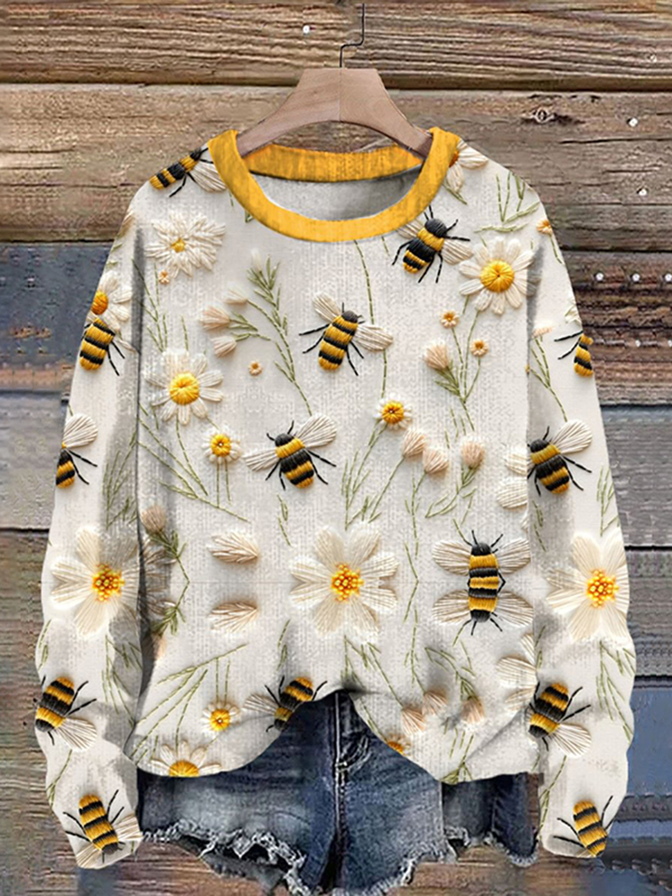 Daisy Bee Embroidery Art Print Casual Sweatshirt