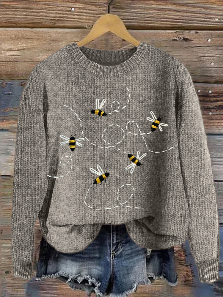 Busy Bees Embroidery Art Cozy Knit Sweater