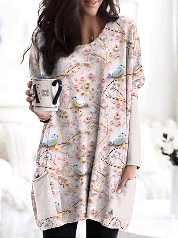 Birds & Flowers Embroidery Art Casual Cozy Long T-Shirt