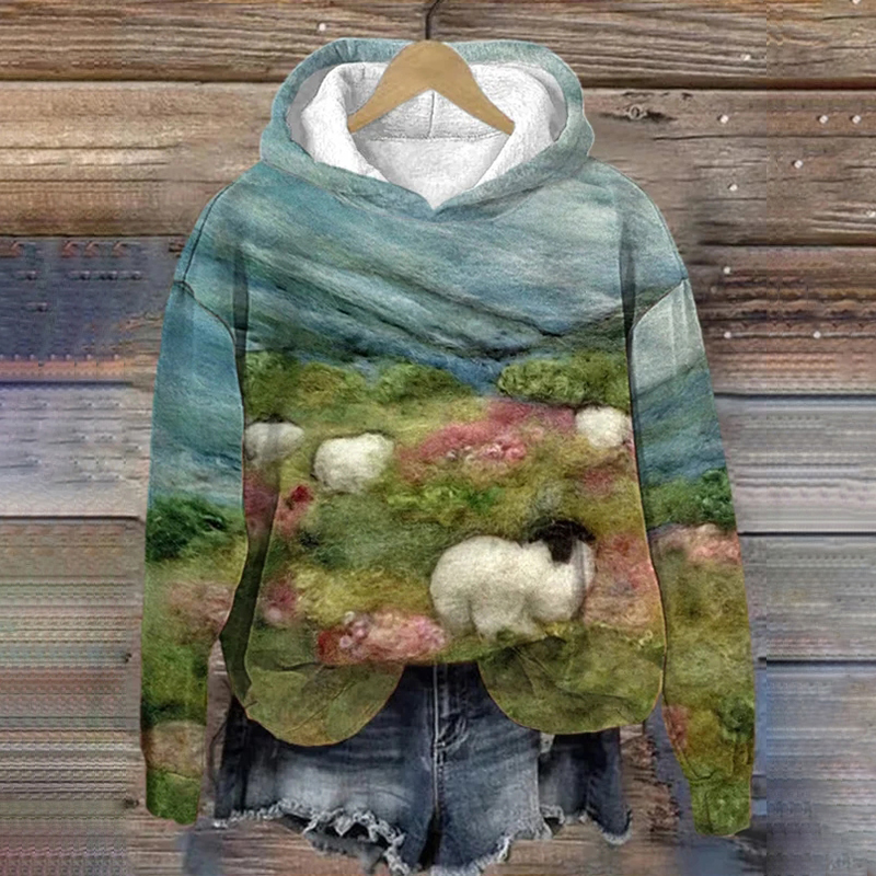 Women's Sheep in the Meadow Printed Casual Hoodie