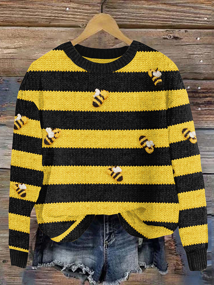 Bee Print Striped Knitted Pullover Sweater
