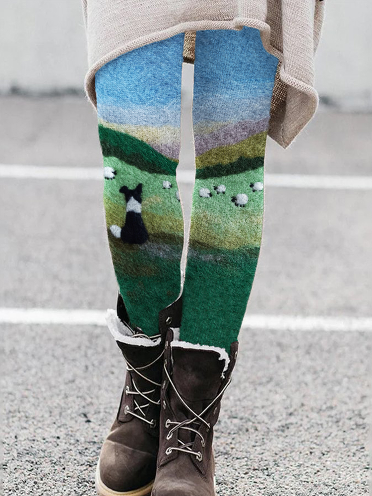 Border Collie & Sheep Landscape Felt Art Cozy Leggings