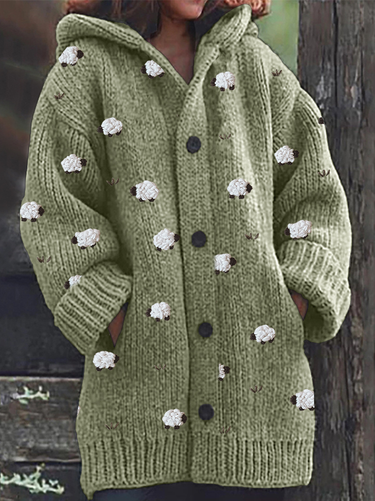 Farm Sheep Embroidery Pattern Cozy Hooded Cardigan