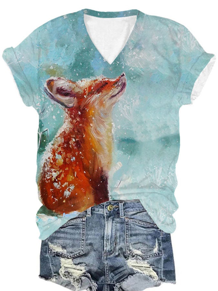 Fox Print V-Neck Short Sleeved T-Shirt