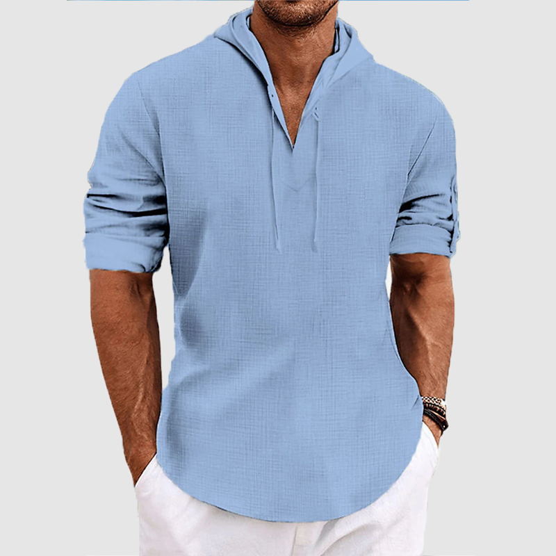 Men's casual cotton and linen loose solid color hooded shirt