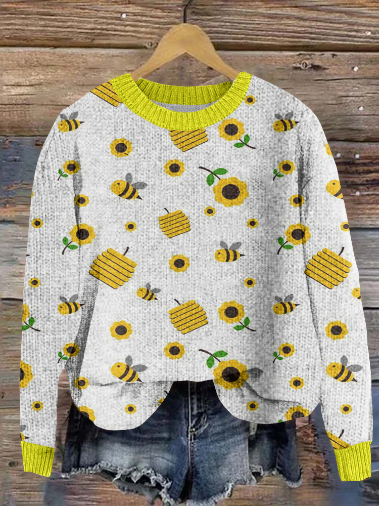 Flowers, Honey And Bees Pattern Cozy Knit Sweater