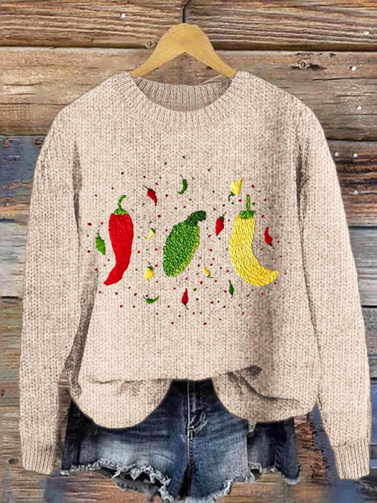 Pepper Embroidery Pattern Crew Neck Sweater