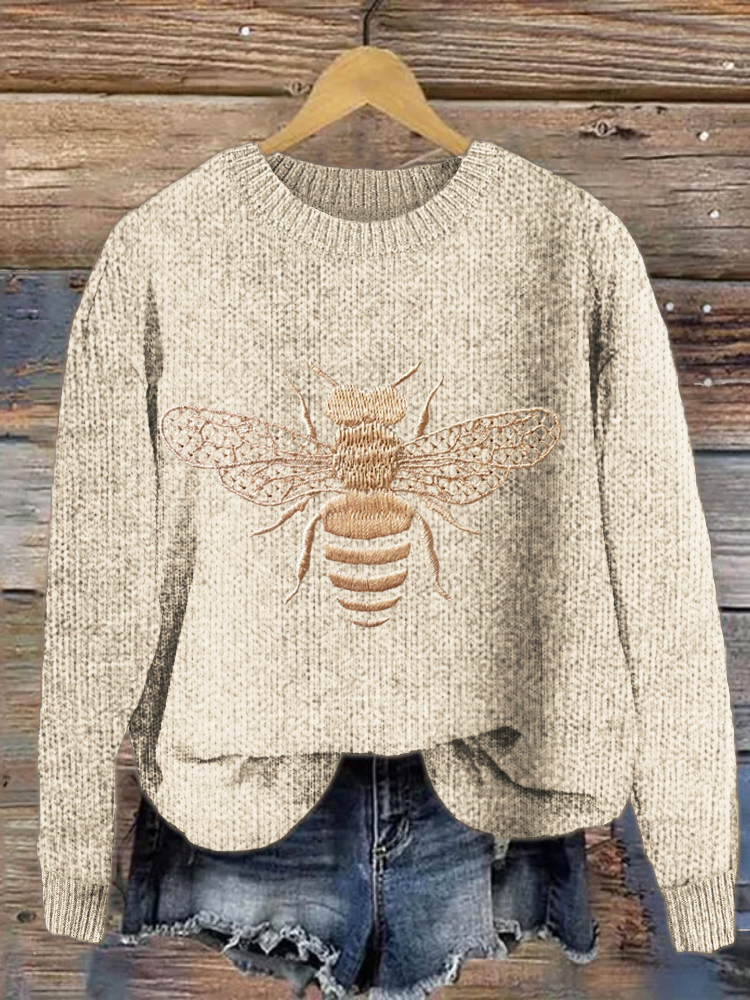 Bee Embroidery Pattern Cozy Knit Sweater