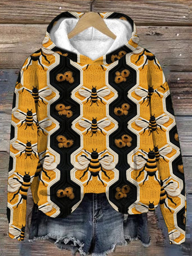 Bee Print Casual Long Sleeve Hoodie