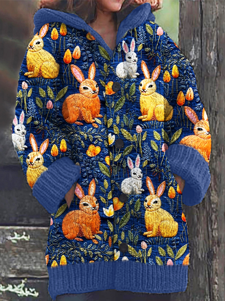 Easter Bunny & Floral Fabric Pattern Cozy Hooded Cardigan