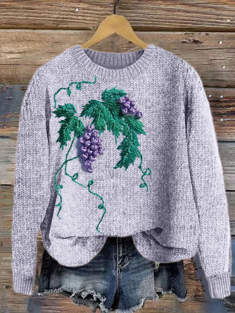 Elegant Grapes Embroidery Art Cozy Knit Sweater
