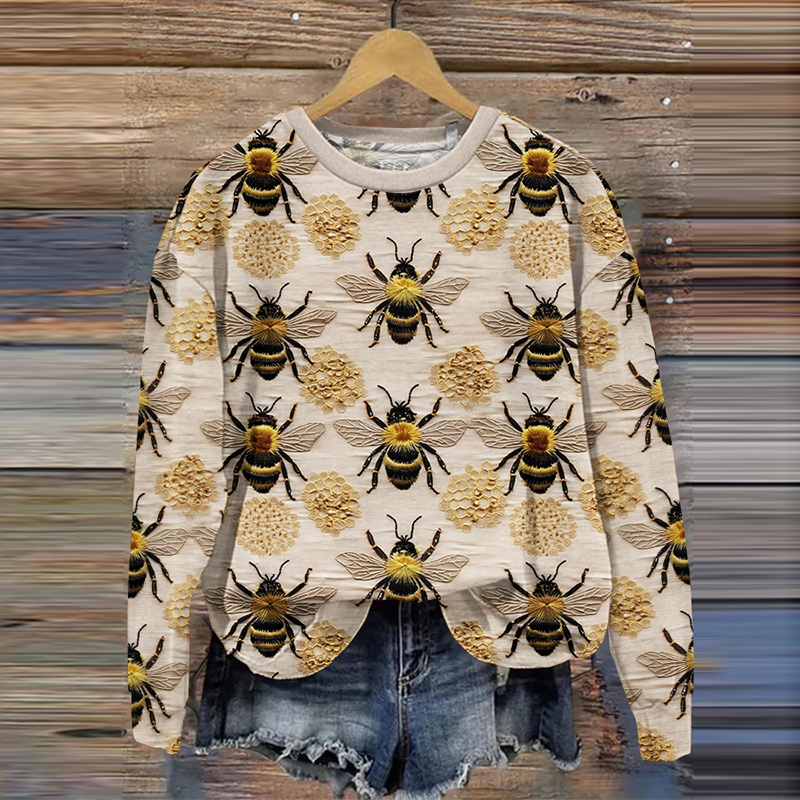 Bee Embroidery Print Casual Sweatshirt