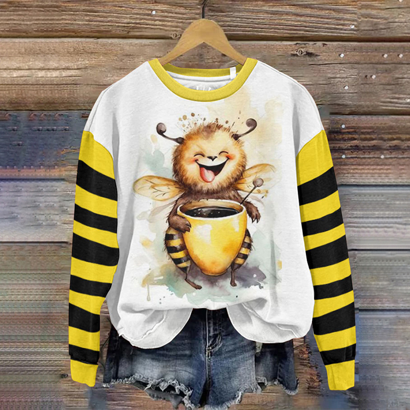Bee Having Tea Print Casual Cozy Sweatshirt