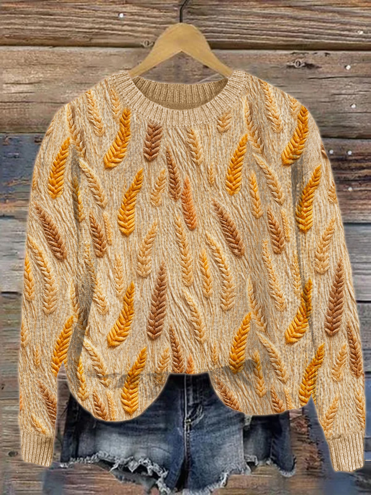 Fall Wheat Jacquard Pattern Cozy Knit Sweater