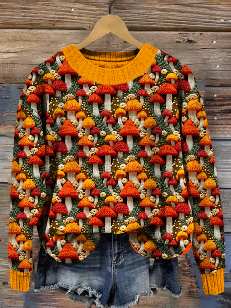 Mushroom & Flowers Embroidery Art Cozy Knit Sweater