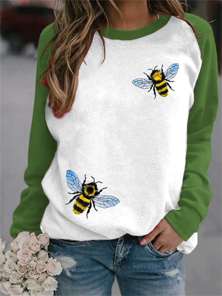 Fringed Bee Cute Honeybee Insect Embroidery Sweatshirt