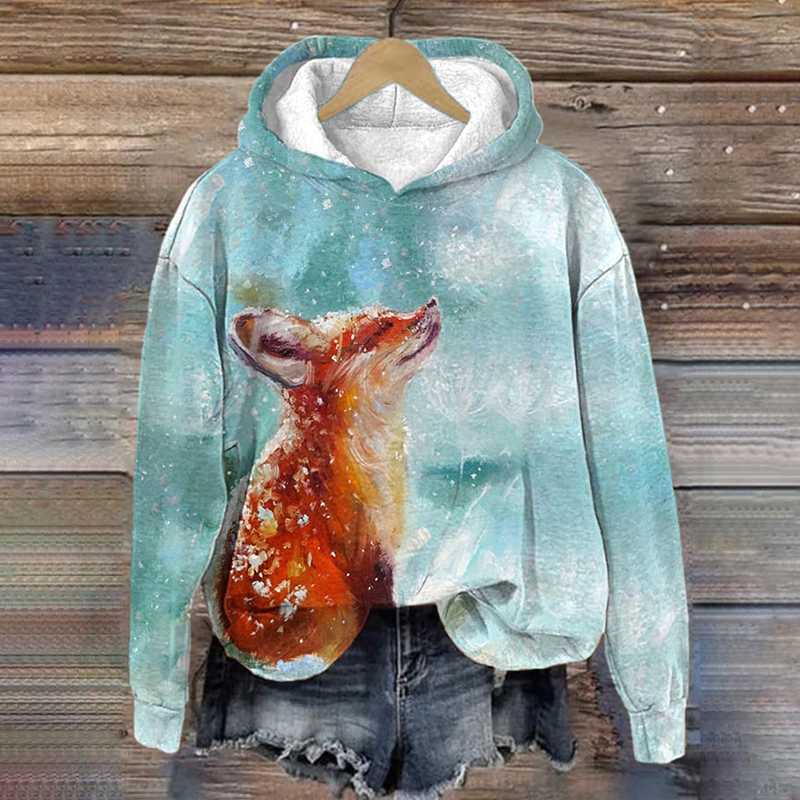 Fox Print Long Sleeve Casual Hoodie