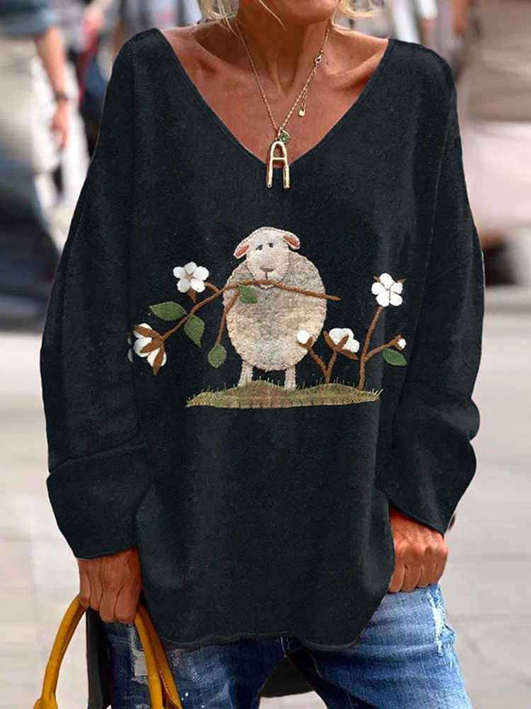 Sheep Comfort Print Casual V-Neck Loose T-Shirt