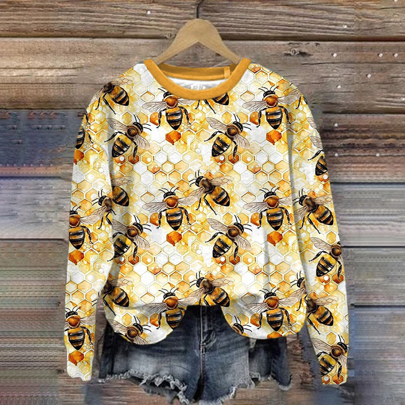 Bee Print Casual Crew Neck Sweatshirt