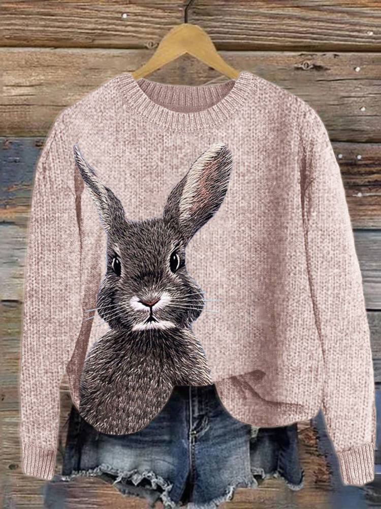 Cute Bunny Embroidery Art Cozy Knit Sweater