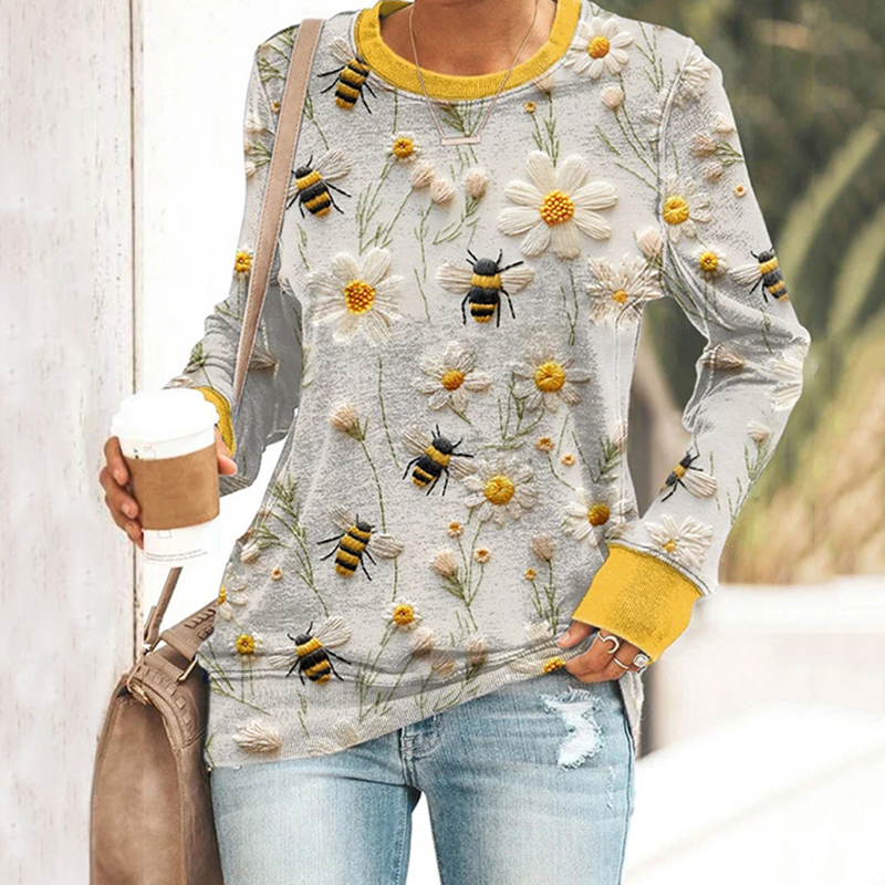 Women's Casual Bee Printed Long Sleeve Sweatshirt