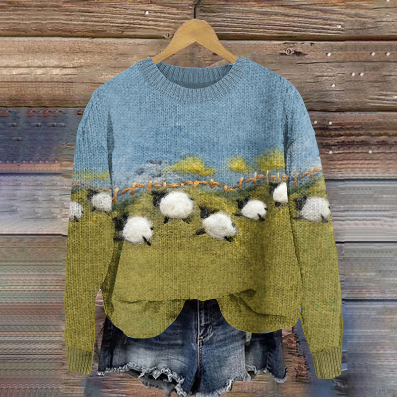 Funny Running Sheep Wool Felt Cozy Knit Sweater
