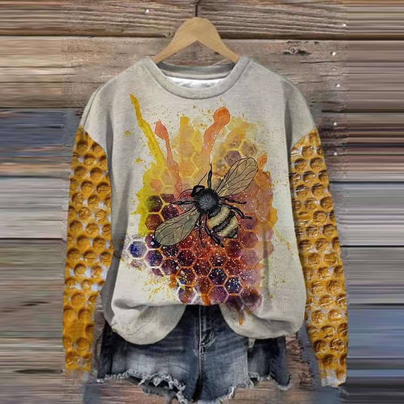Bee Print Round Neck Long Sleeve Sweatshirt