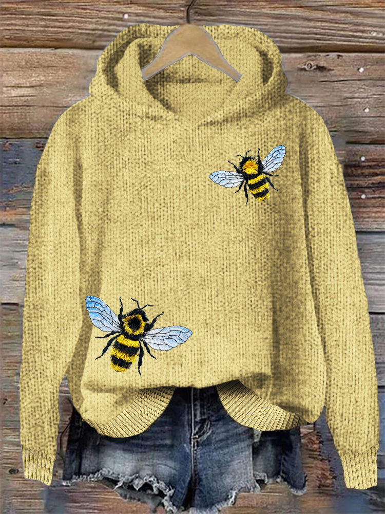 Fringed Bee Cute Honeybee Insect Embroidery Cozy Knit Hooded Sweater
