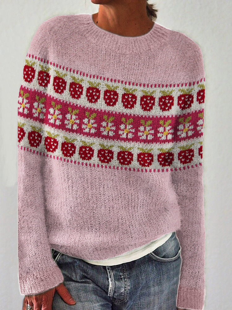 Vintage Strawberry Floral Cozy Knit Sweater
