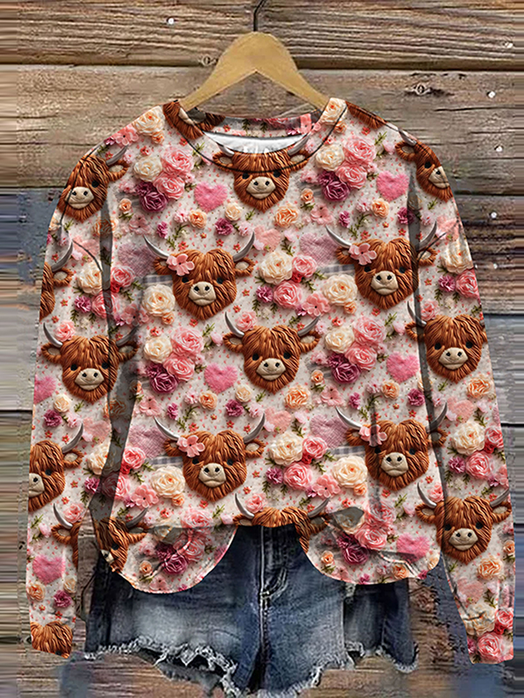 Highland Cow Floral Print Crew Neck Sweatshirt