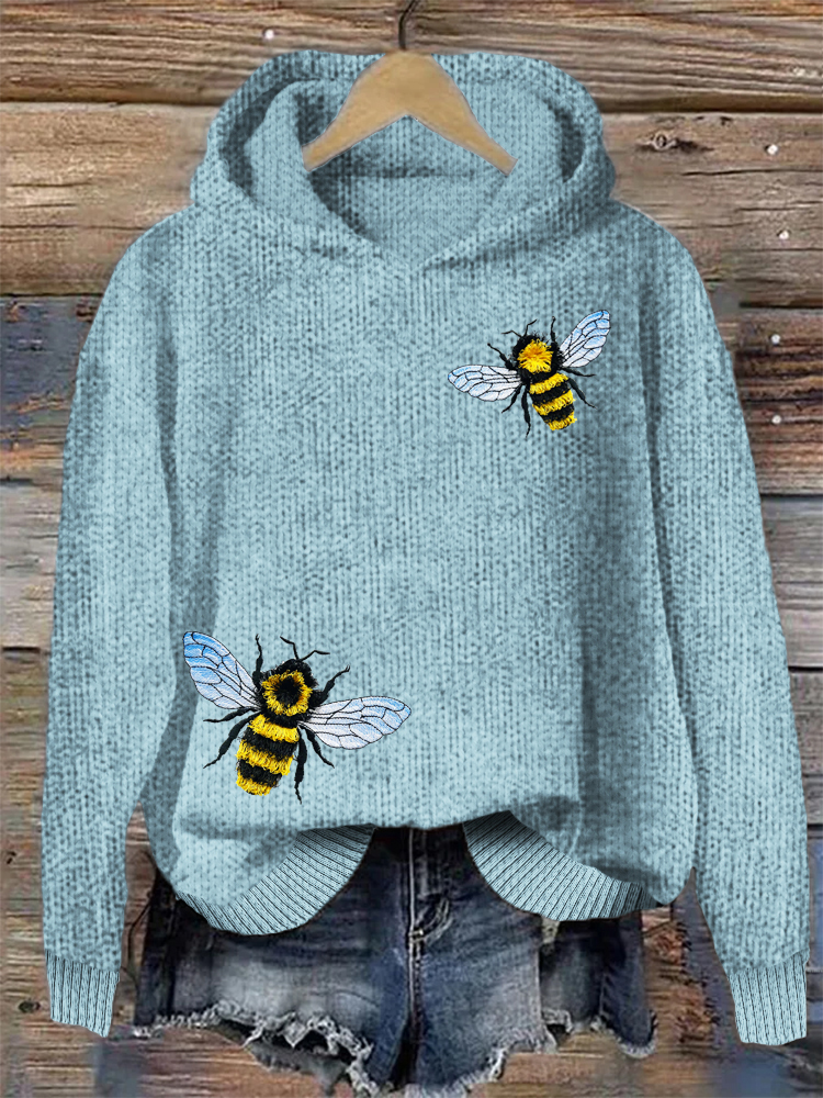 Fringed Bee Cute Honeybee Insect Embroidery Cozy Knit Hooded Sweater