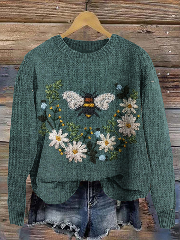 Daisy Bee Embroidery Printed Cozy Knit Sweater