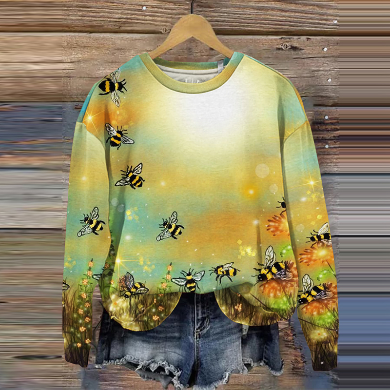 Bee Print Round Neck Long Sleeve Sweatshirt