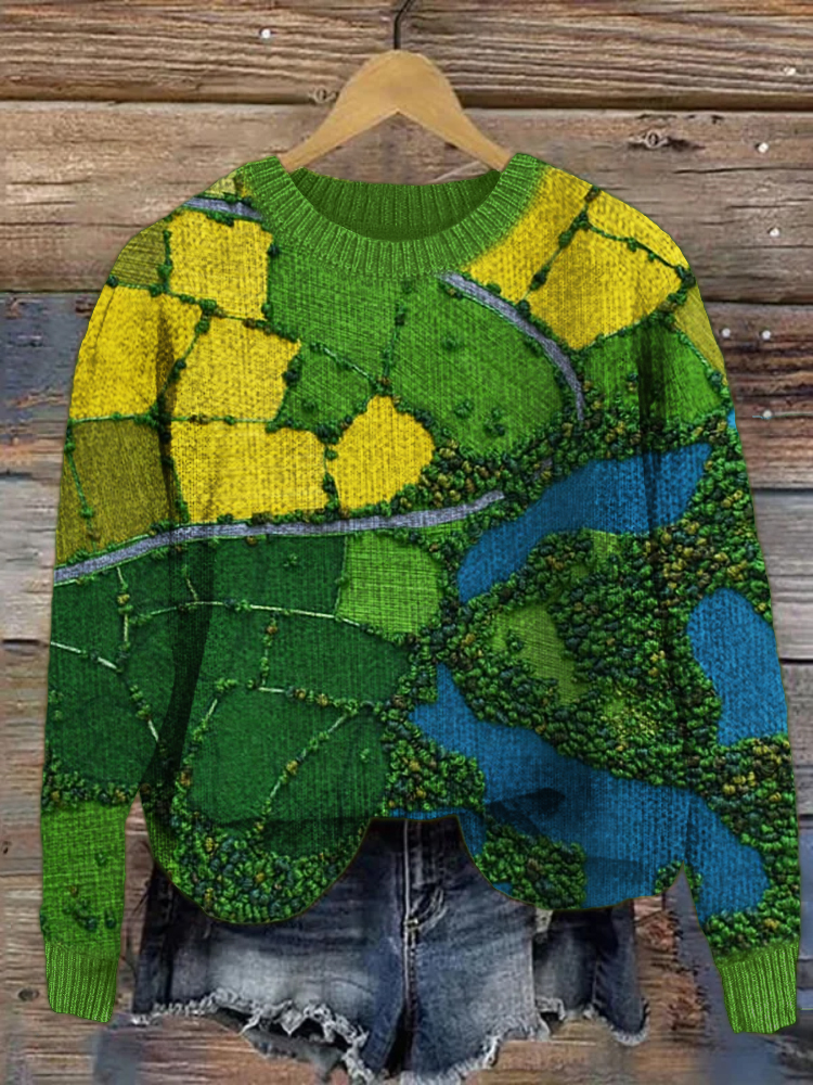 Farm Fields Landscape Top View Embroidery Art Cozy Sweater