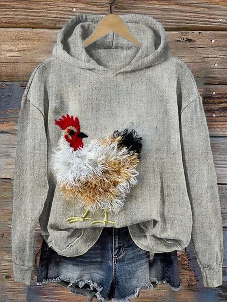 Fuzzy Chicken Embroidery Cozy Hoodie