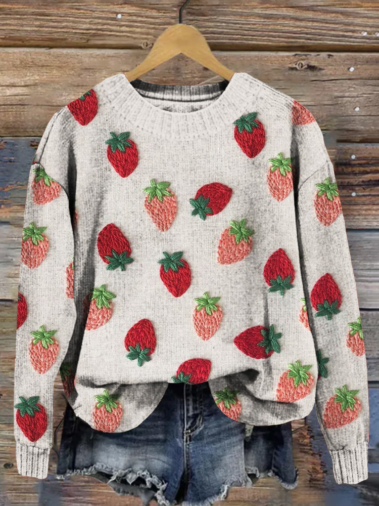 Strawberry Embroidery Art Crew Neck Comfy Sweater