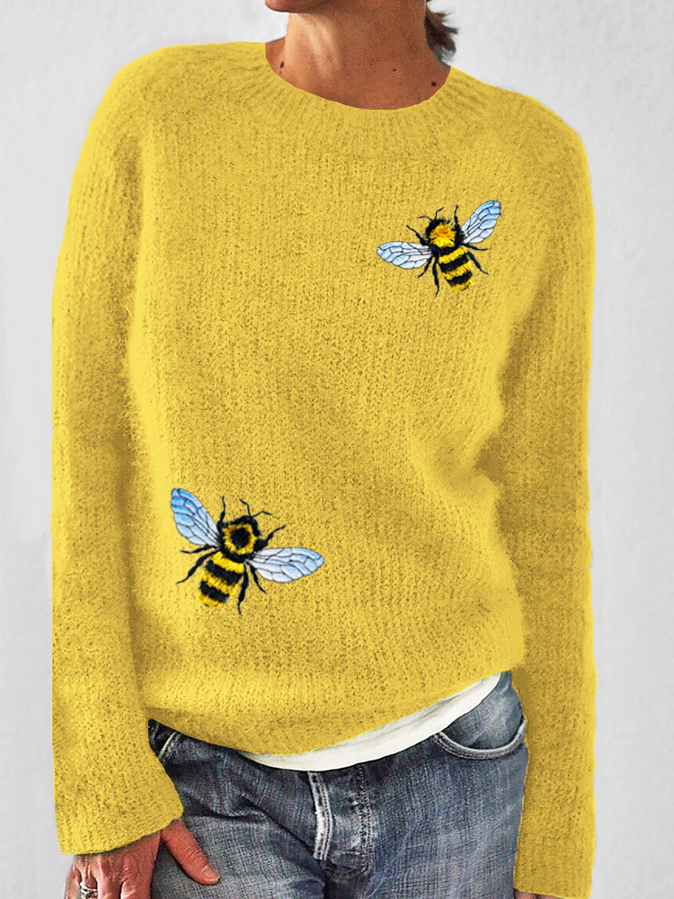 Fringed Bee Cute Honeybee Insect Embroidery Cozy Knit Sweater