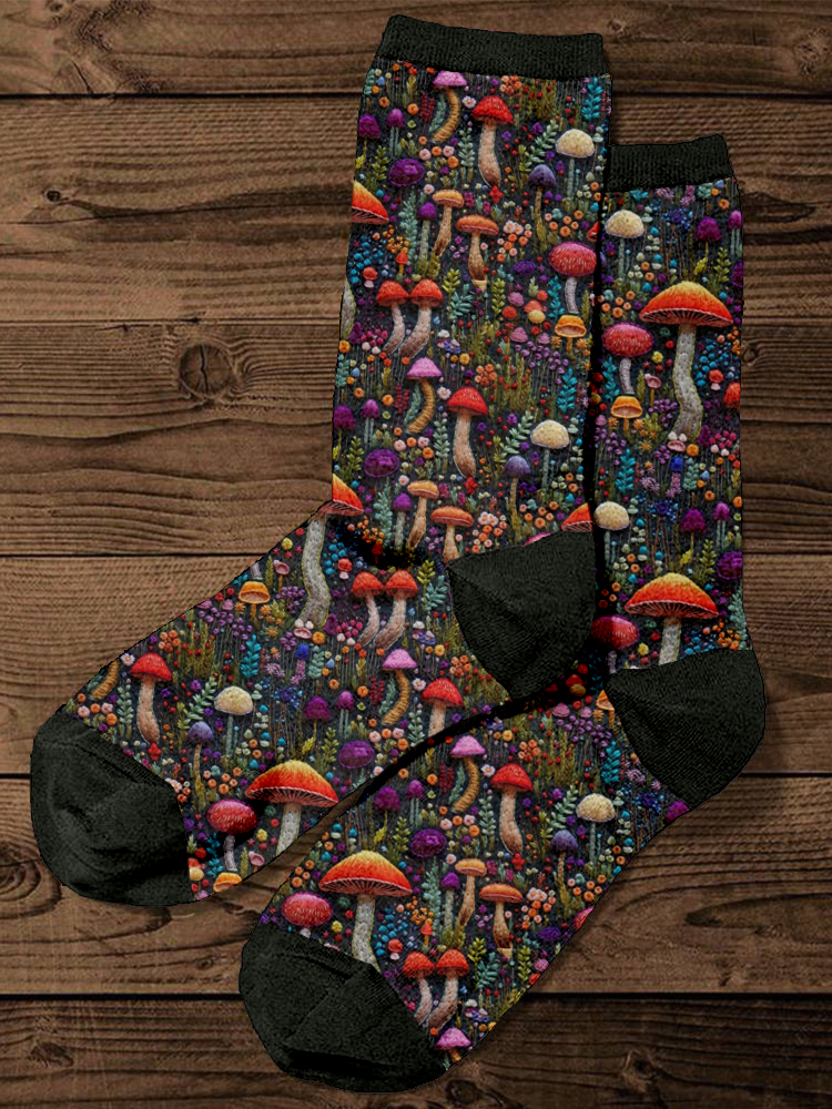 Colorful Mushrooms Embroidered Cozy Socks
